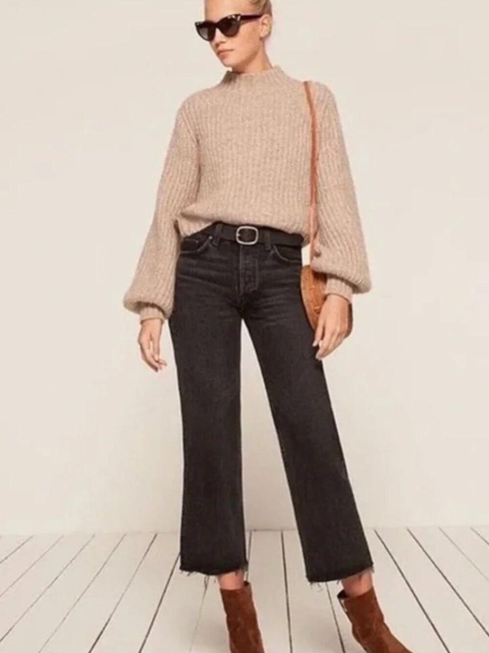 Reformation Fawcett High Rise Wide Leg Black Jeans Monterey Wash Raw Hem 26